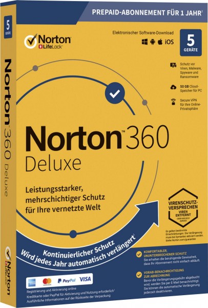 Norton 360 Deluxe, 50 GB Cloud-Backup, 5 Geräte 1 Jahr